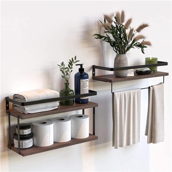 2+1 Tier Wall Mounted Floating Shelves Set of 2, Rustic Wood Wall Shelf